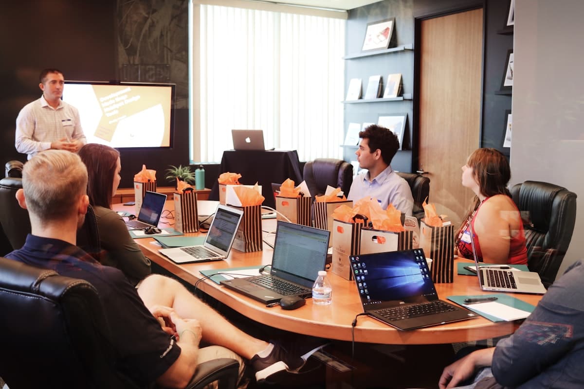 A team in a training session in a modern office