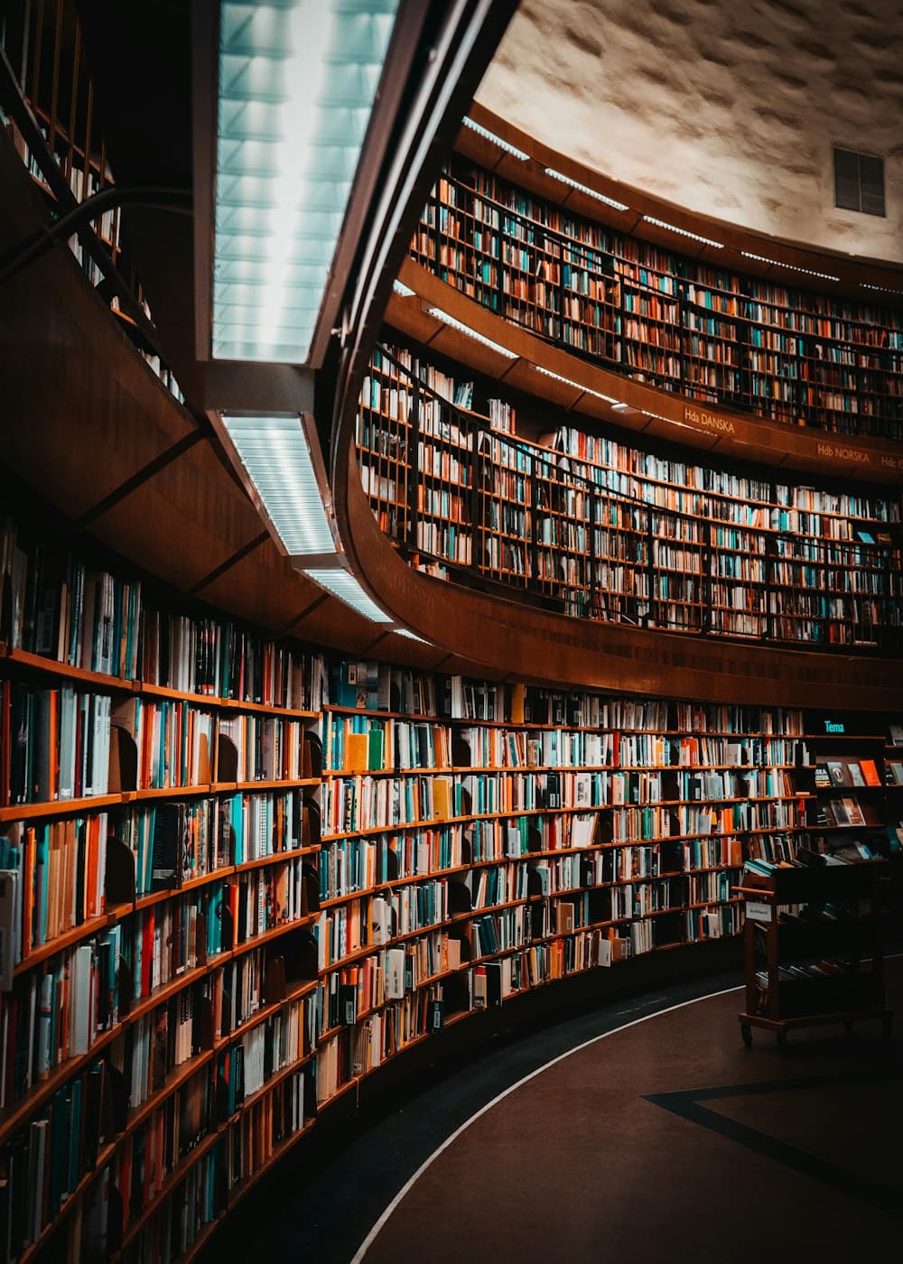 A curved library with rows of bookshelves